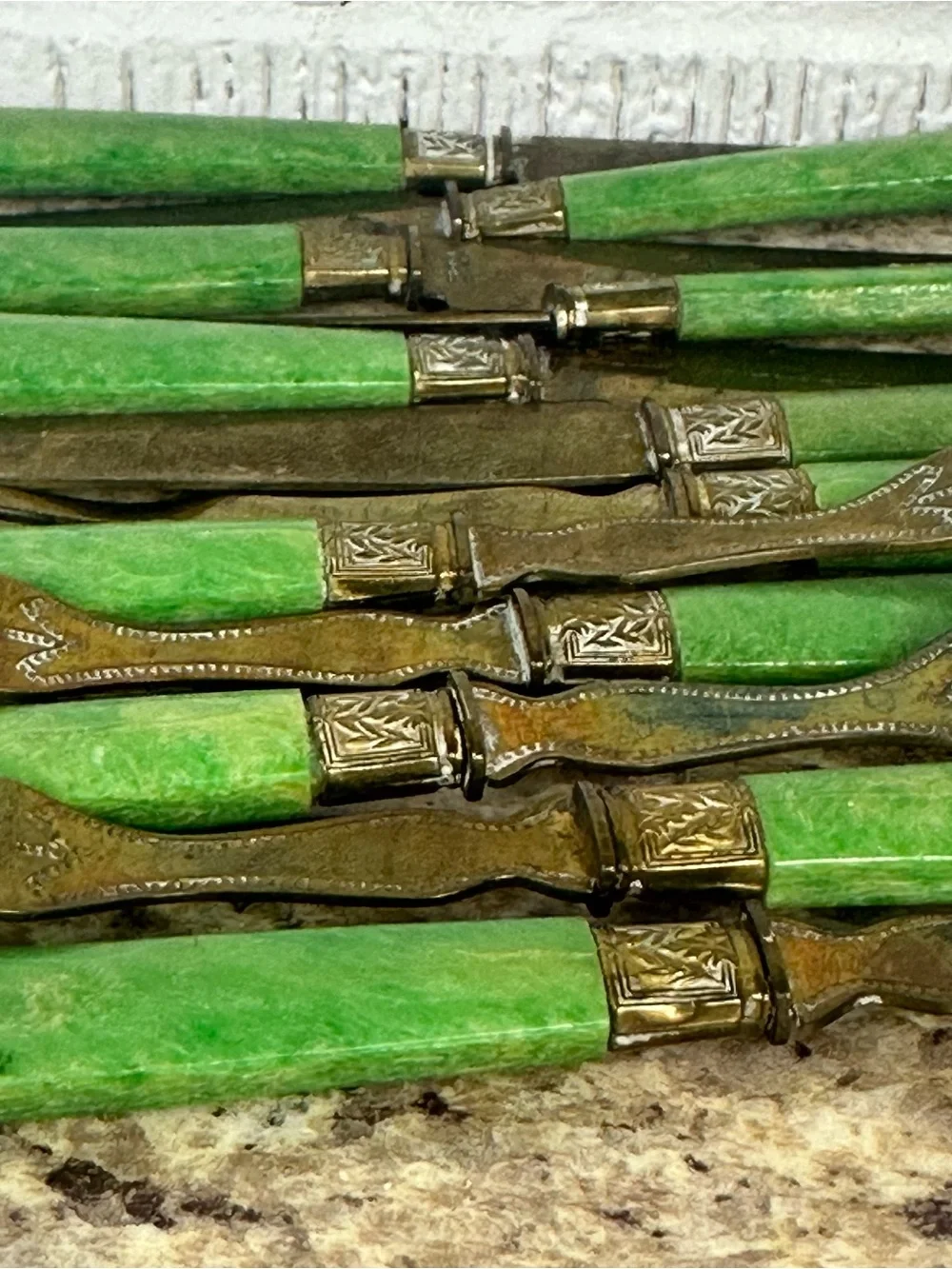 Set of 12 Antique French Vermeil Green Handle Fruit Service Flatware Fork Knife